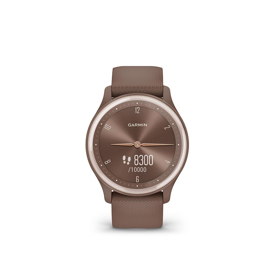 Garmin Vivomove Sport watch with black silicone wristband, showing a sleek digital and analog display on the watch face.