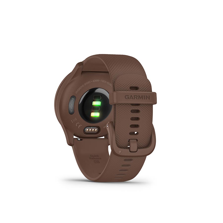 Garmin Vivomove Sport watch with black silicone wristband, featuring a sleek black watch face and fitness tracking display.