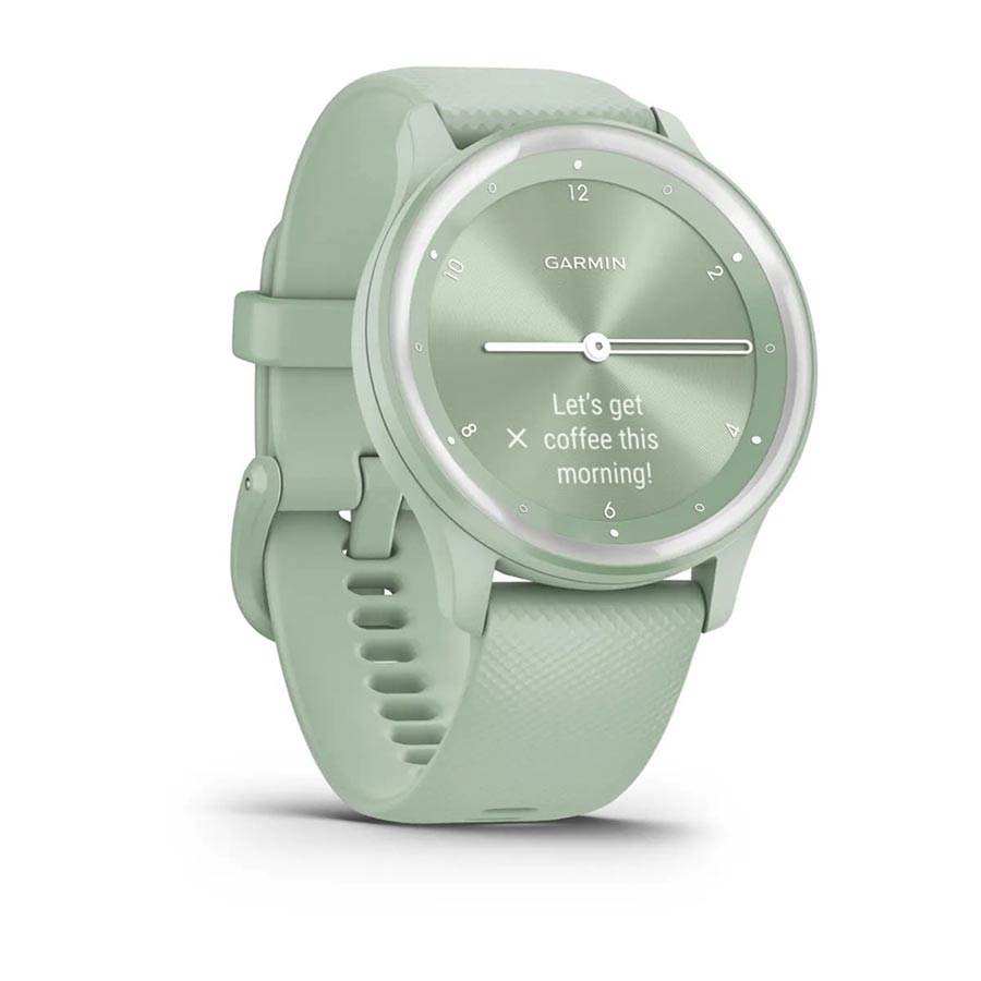 Garmin Vivomove Sport smartwatch with black silicone wristband, digital display, and fitness tracking features.