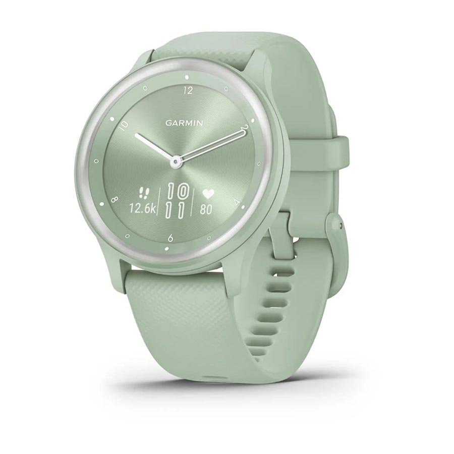 Garmin Vivomove Sport watch with black silicone wristband and black watch face on a person's wrist