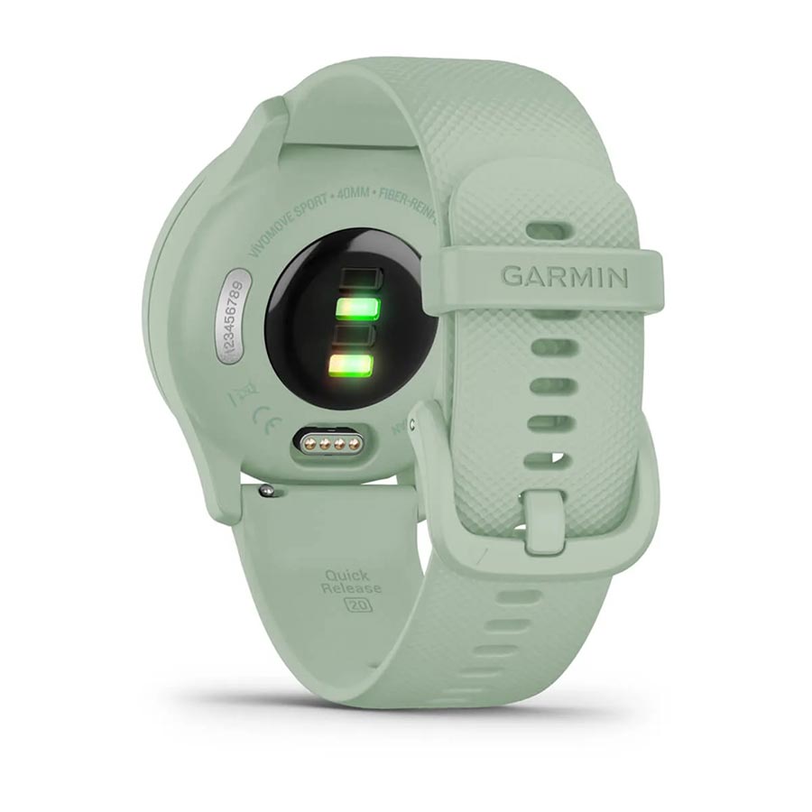 Garmin Vivomove Sport watch with black silicone wristband, displaying a sleek black watch face on the wrist.