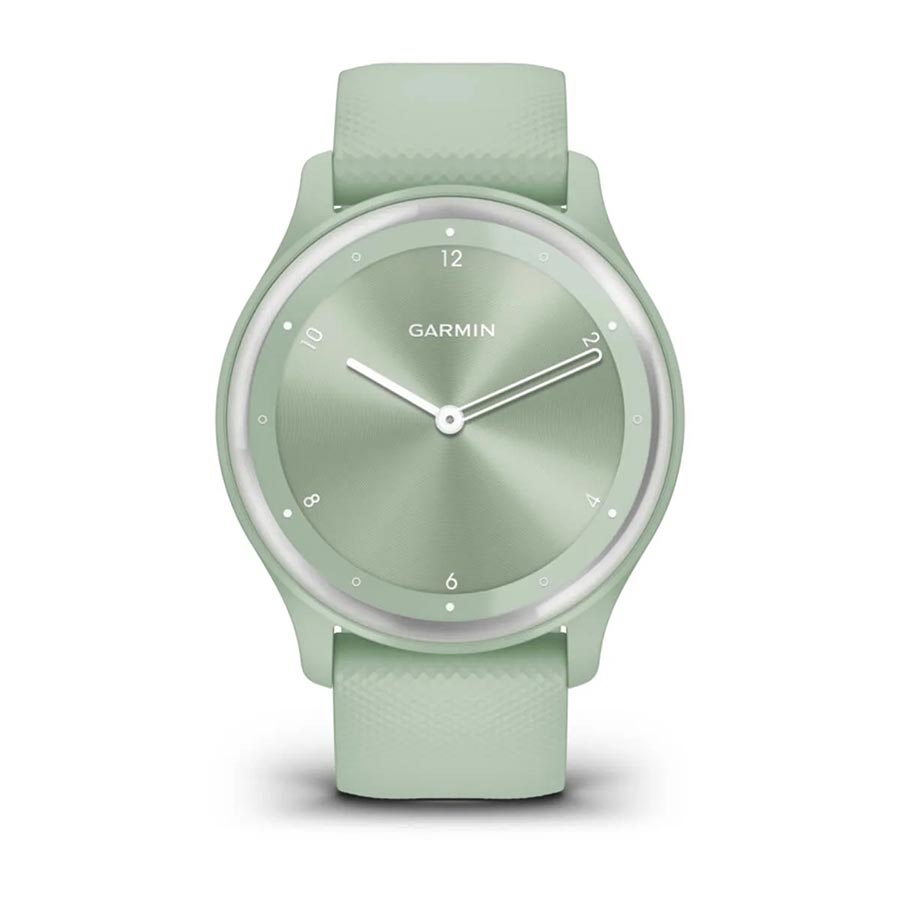 Garmin Vivomove Sport watch with black silicone wristband on a person's wrist, showing its sleek design and digital display.