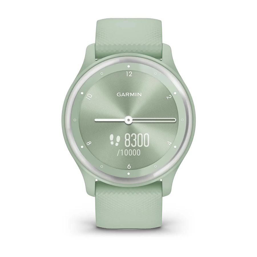 Garmin Vivomove Sport watch with black silicone wristband and sleek black dial on a white background.