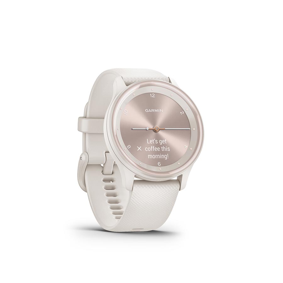 Garmin Vivomove Sport watch with black silicone wristband and black watch face on a white background