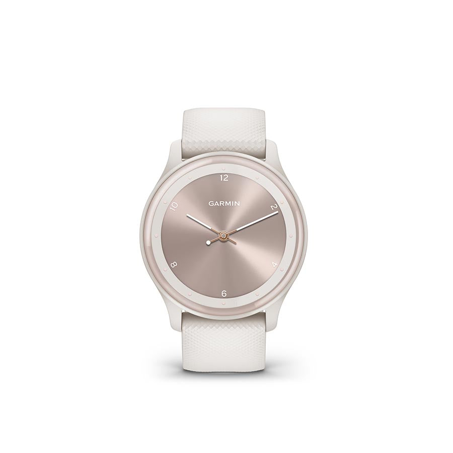 Garmin Vivomove Sport watch with black silicone wristband and black dial, showcasing a stylish fitness tracker design.