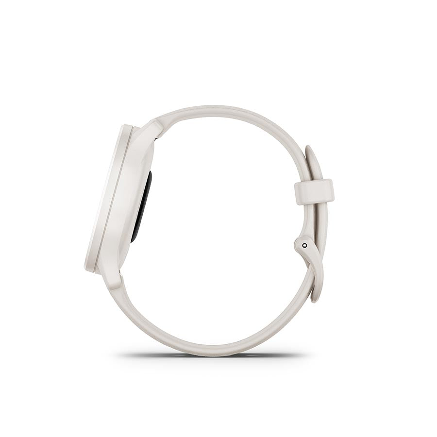 Garmin Vivomove Sport watch with black silicone wristband and black watch face, fitness tracking and stylish design.