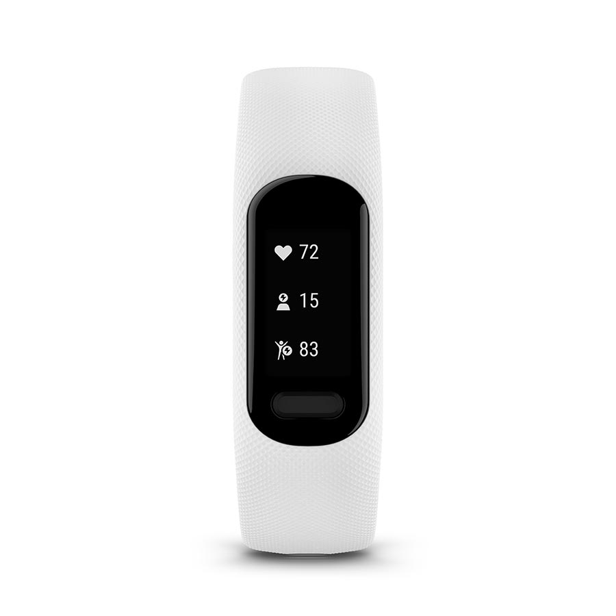 Garmin vivosmart 5 S/M fitness tracker watch with cool mint silicone band, displaying digital screen and health features.