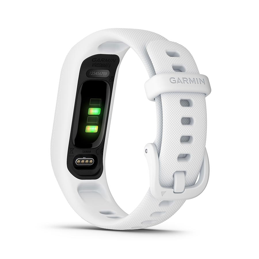 Garmin vivosmart 5 S/M fitness smartwatch with cool mint silicone band, displaying digital time and activity tracking features.