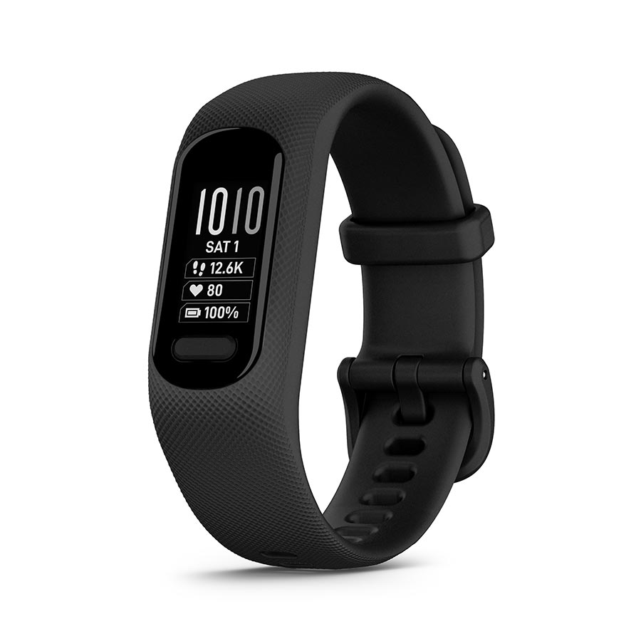 Garmin vivosmart 5 S/M fitness tracker watch with cool mint silicone band, displaying digital screen and health stats.