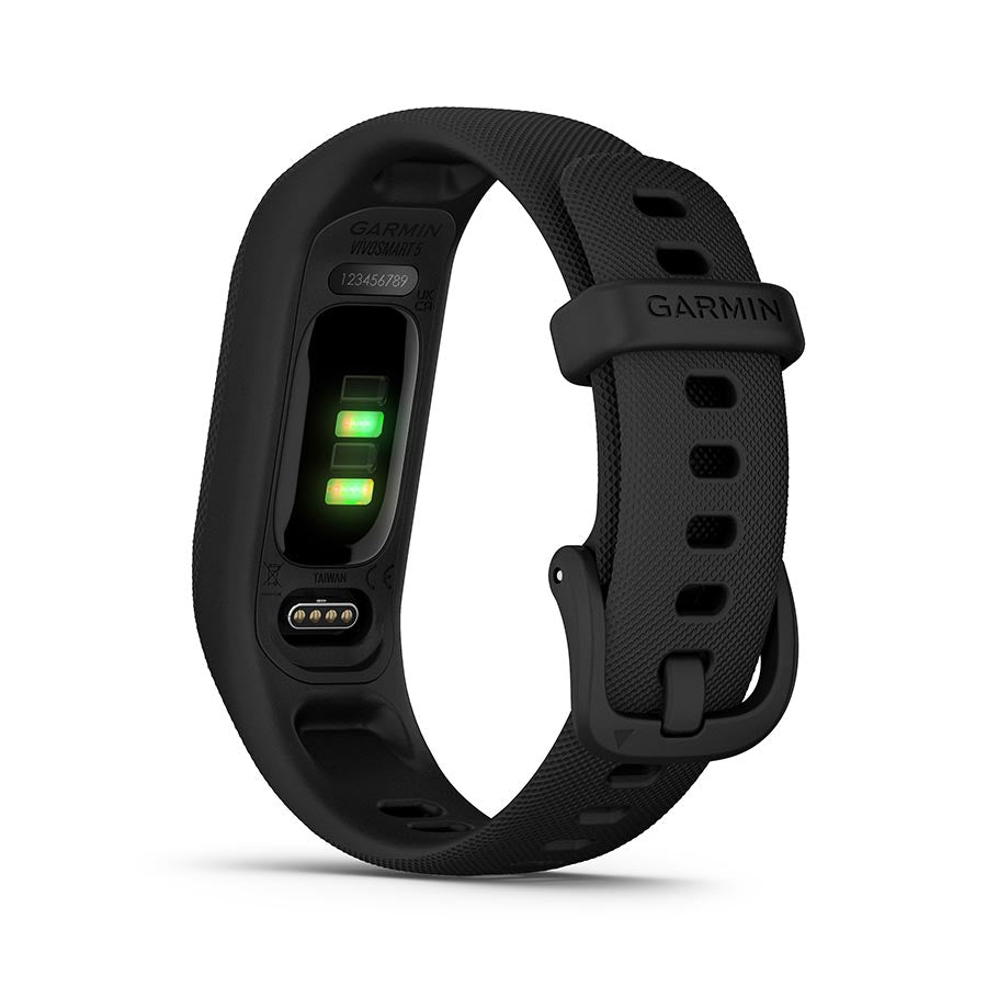 Garmin vivosmart 5 S/M fitness smartwatch with cool mint silicone band, displaying a digital activity tracking screen.