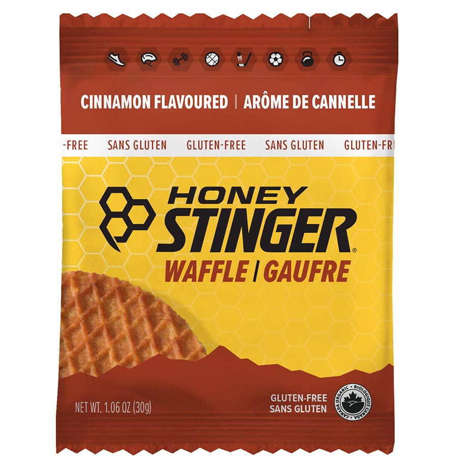 Honey Stinger organic gluten-free salted caramel waffle bars, 12-piece pack, showing crispy waffle bars with caramel topping.