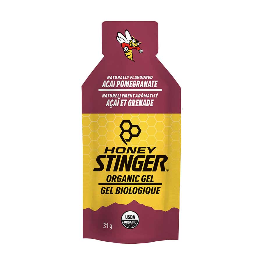 Organic Honey Stinger gels in fruit smoothie flavor, showing colorful gel packets with fresh fruit and natural ingredients.