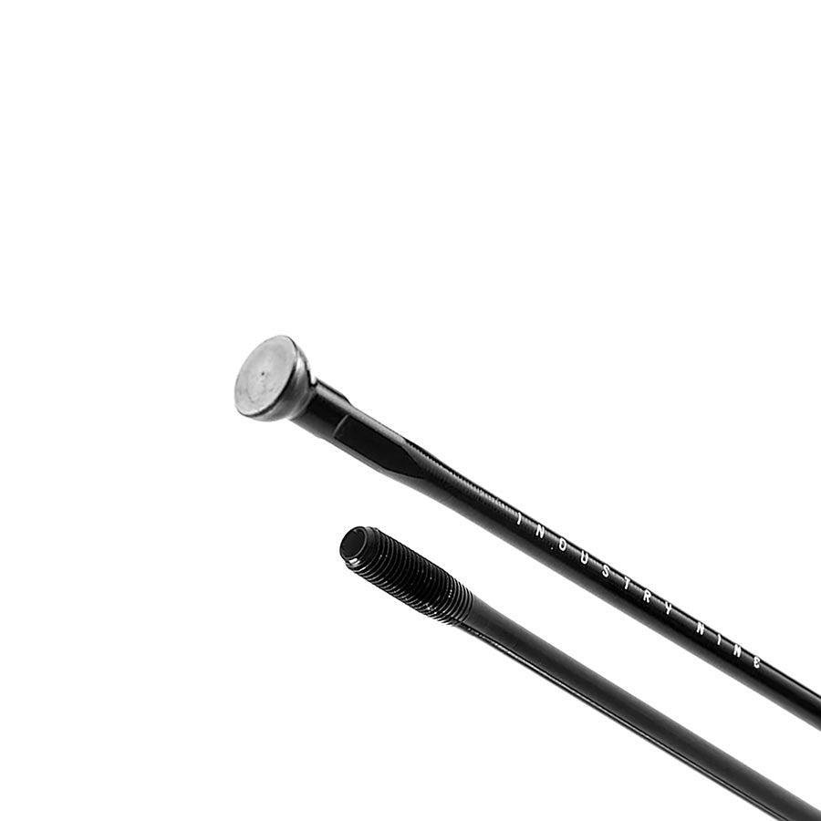 Black aluminum spokes from Industry Nine, size 0.114-0.106, designed for bicycle wheels, with a sleek metallic finish.