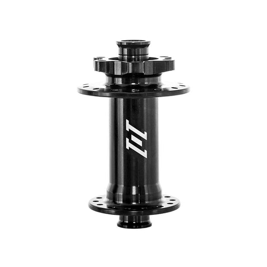 Industry Nine 1/1 Classic Boost 6B front disc hub in black, 32-hole, 15mm thru-axle, 110mm boost spacing, detailed view