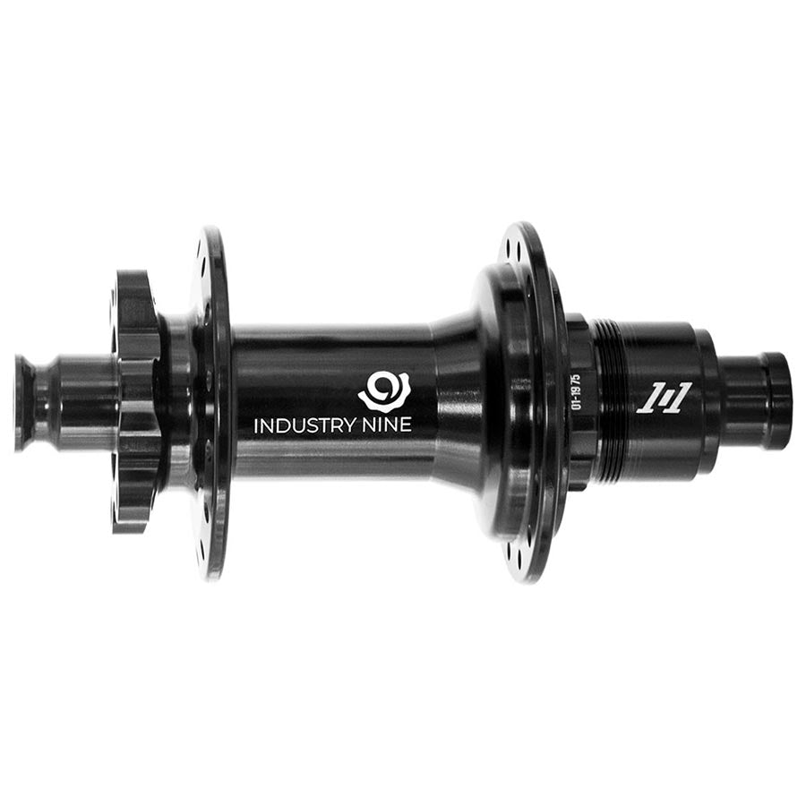 Industry Nine 1/1 Classic Boost 6B rear disc hub with 32h, 12mm TA, 148mm spacing, SRAM XD body in black.