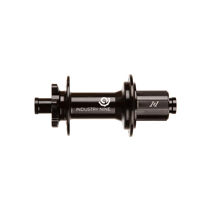 Industry Nine 1/1 Classic DH157 6B rear disc hub in black, designed for Shimano road 10 or MTB 11 speeds, with durable construction.