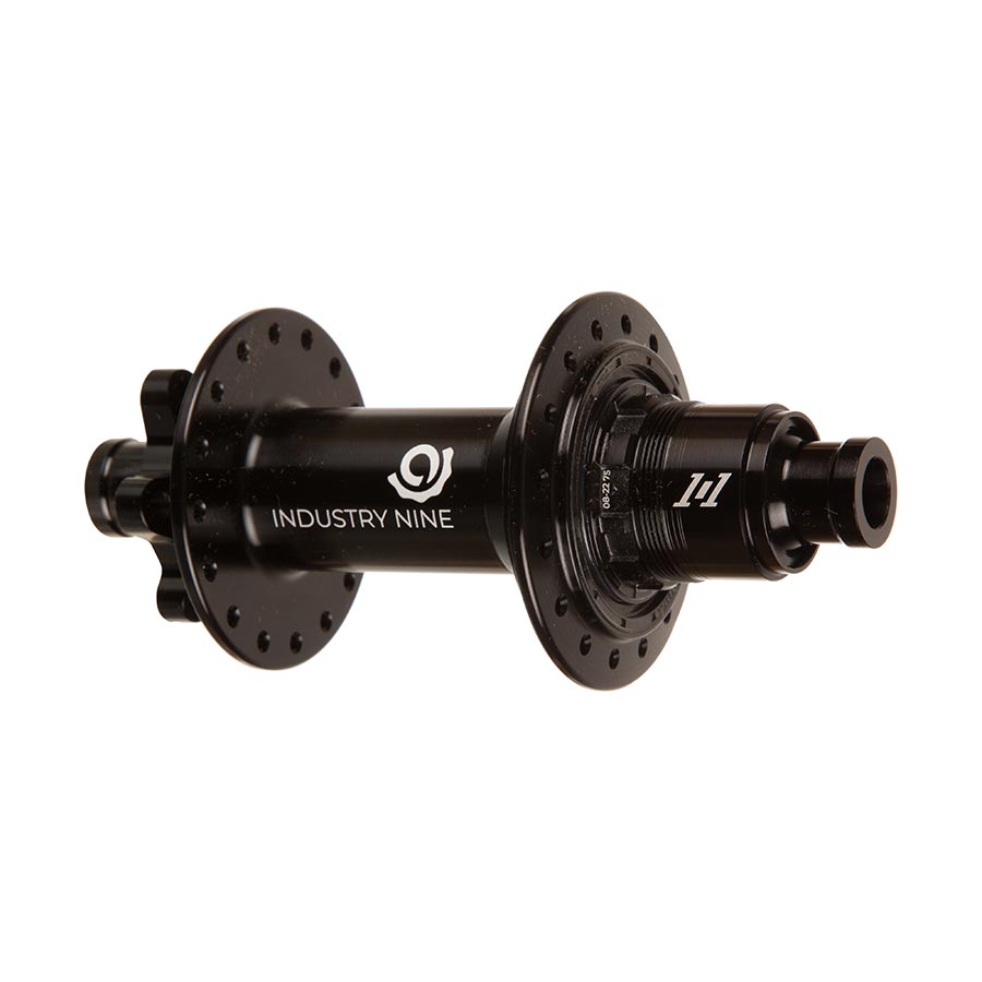 Industry Nine 1/1 Classic DH157 6B rear disc hub with Shimano road 10 or MTB 11 compatibility in black, front view of hub.