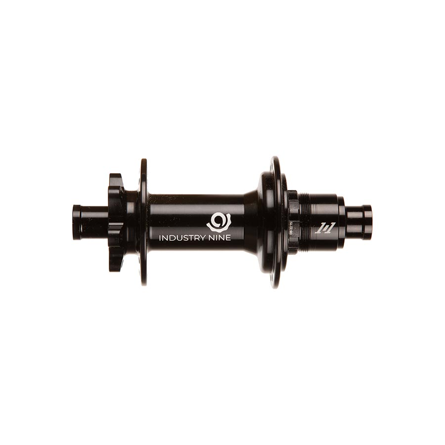 Industry Nine 1/1 Classic DH157 6B rear disc hub in black, designed for Shimano road 10 and MTB 11-speed bicycle wheels.