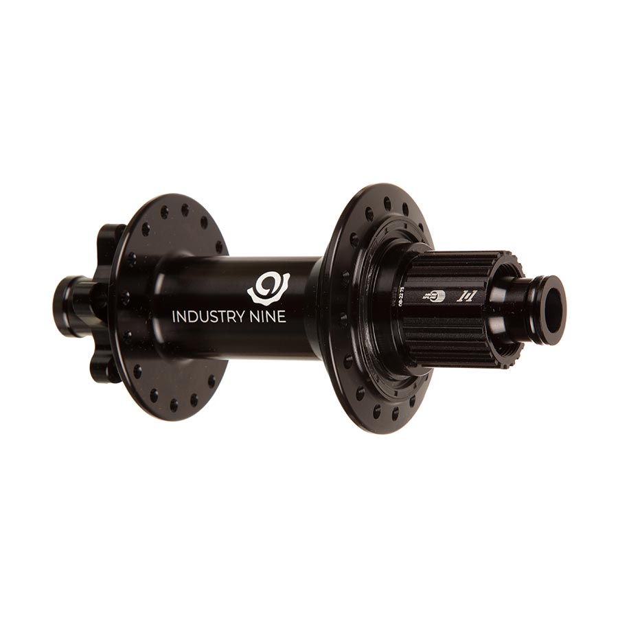 Industry Nine 1/1 Classic DH157 6B rear disc hub for Shimano road 10 and MTB 11, black metal with detailed construction.