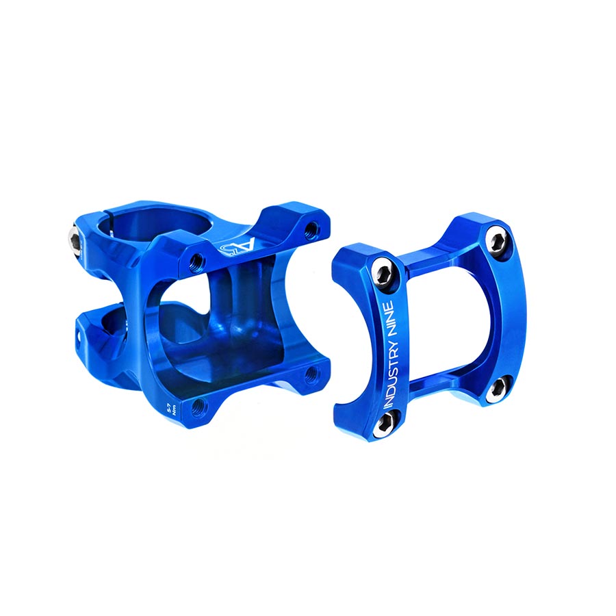 Black Industry Nine A318 Threadless Stem with 30mm steerer clamp for 1-1/8 inch forks, designed for mountain bike handlebars.