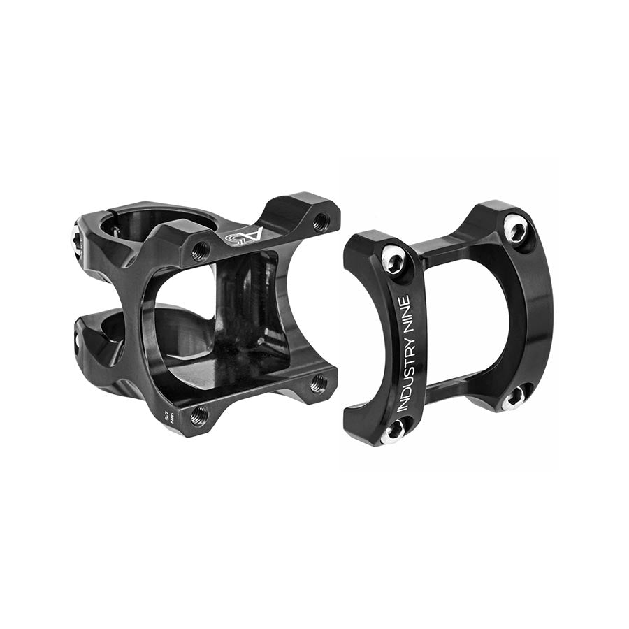 Black Industry Nine A35 threadless stem with 32mm steerer clamp for 1-1/8 inch forks, bike component for secure handlebar attachment.