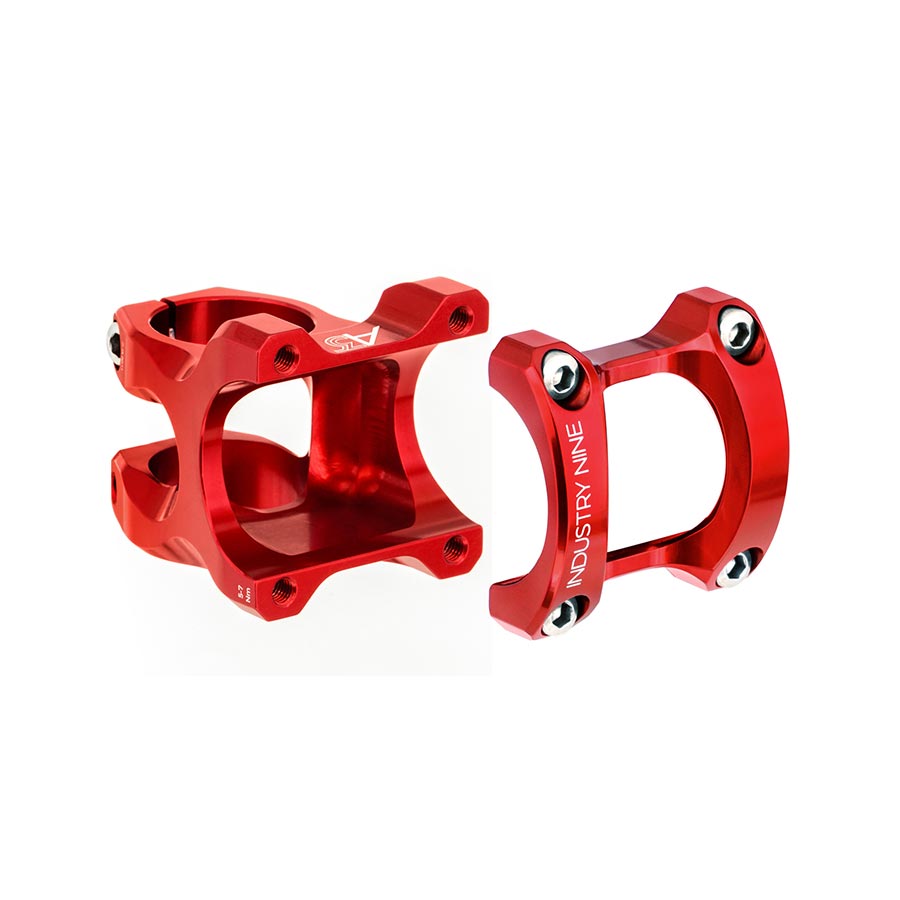 Black Industry Nine A35 threadless stem with 32mm steerer clamp for 1-1/8 inch forks on a bicycle.