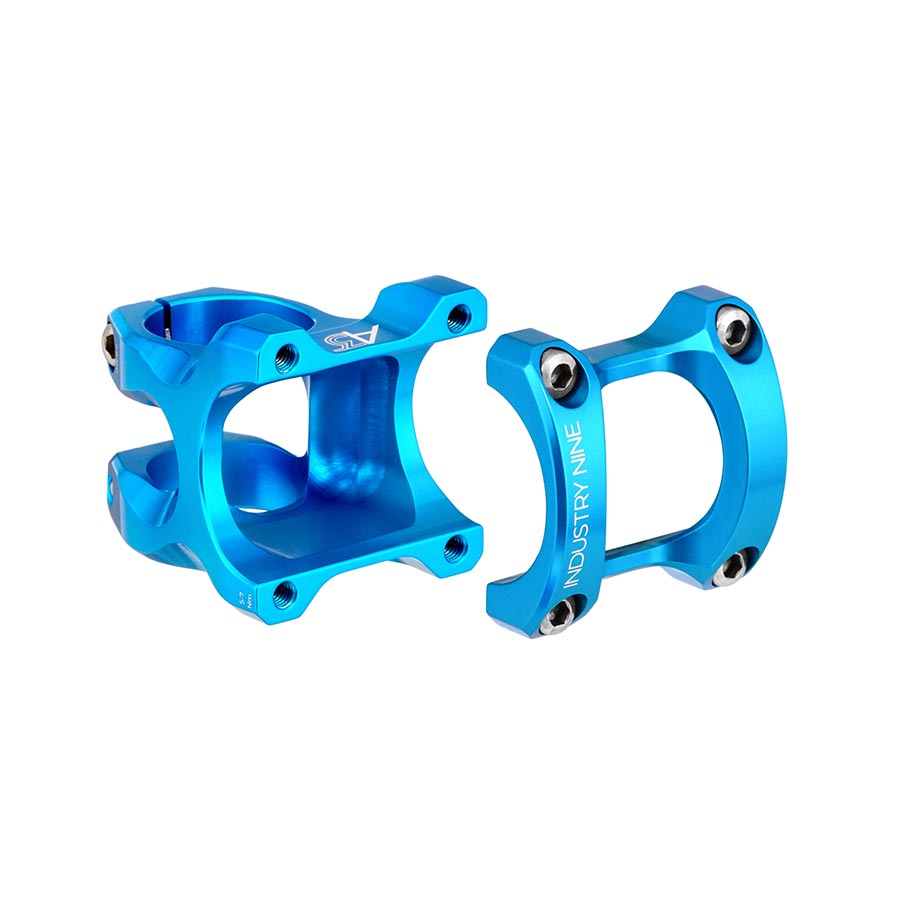 Black Industry Nine A35 threadless stem with 32mm steerer clamp for 1-1/8 inch forks, featuring a sleek design.