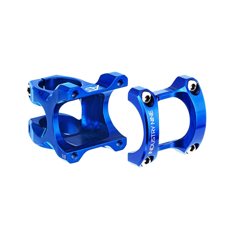 Black Industry Nine A35 threadless stem with 32mm steerer clamp for 1-1/8 inch forks, designed for mountain bikes.