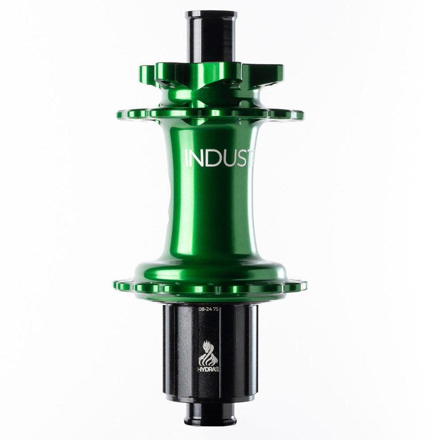 Industry Nine Hydra 2 Boost MicroSpline disc hub with 32h, 12mm thru-axle, Shimano Micro Spline, black finish, for mountain bikes.