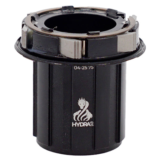 Industry Nine Hydra 2 freehub body compatible with Shimano HG group, shown in close-up with detailed branding and threading.