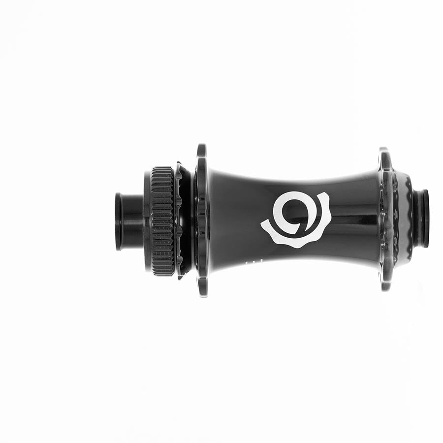 Industry Nine Solix G Classic front disc hub with 24-hole, 12mm thru-axle, black finish, 100mm spacing, designed for mountain bikes.