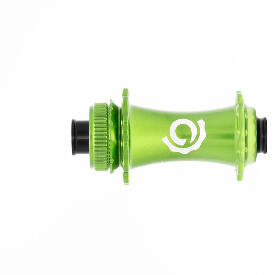 Black Industry Nine Solix G Classic front disc hub with 24h, 12mm thru-axle, 100mm spacing, mounted on a bicycle wheel.