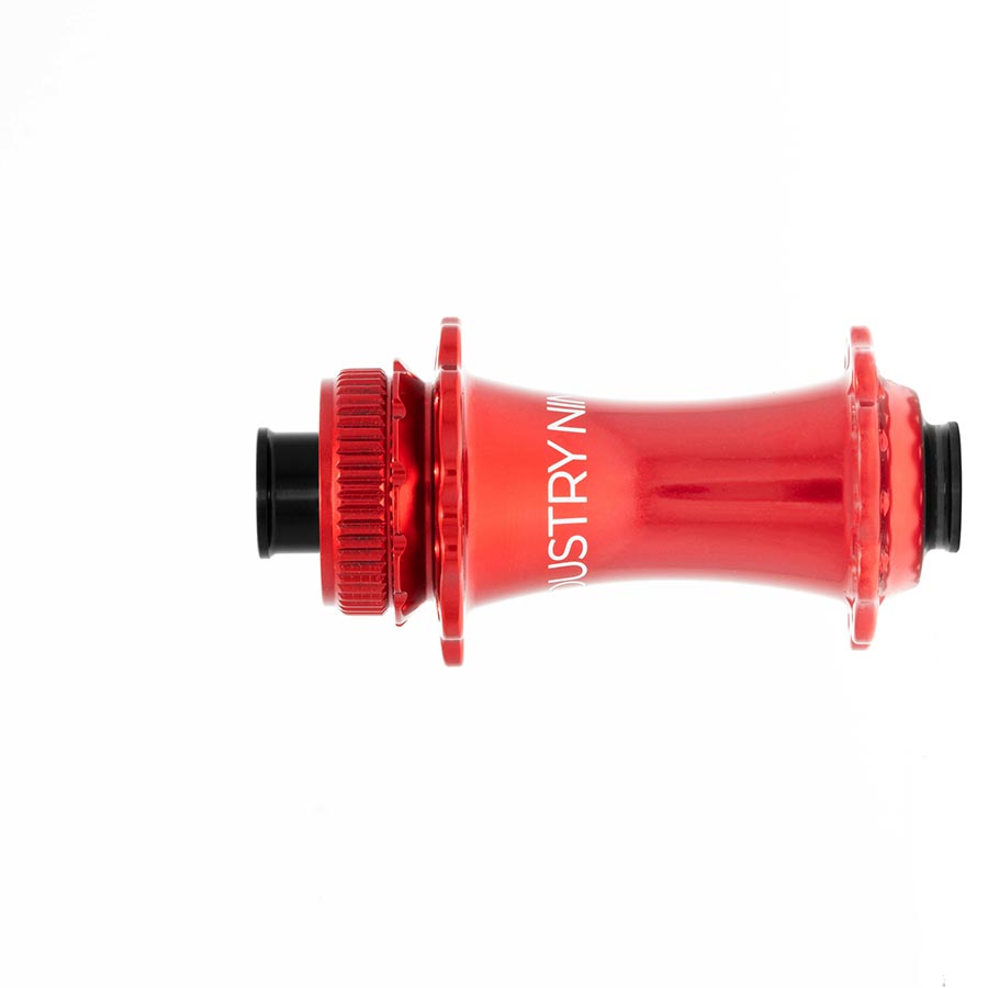 Industry Nine Solix G Classic front disc hub, 24-hole 12mm thru-axle, 100mm black alloy mountain bike hub, close-up view