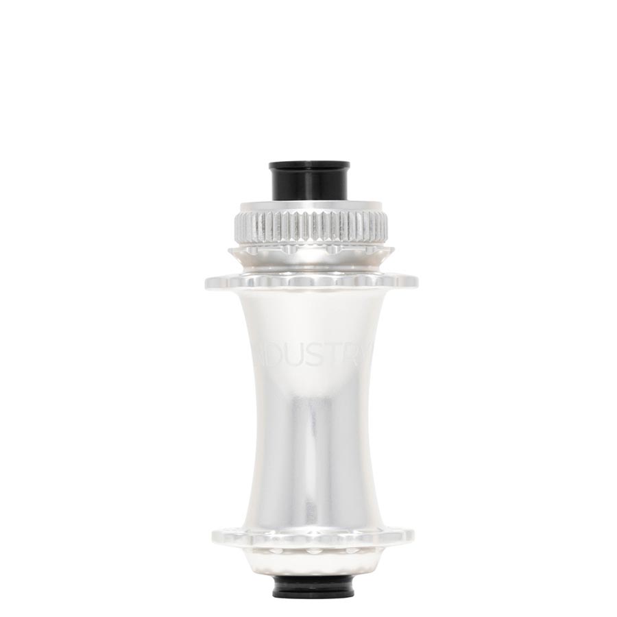Industry Nine Solix M Classic front disc hub with 24h, 15mm thru-axle, 110mm boost spacing in black, showing detailed design.