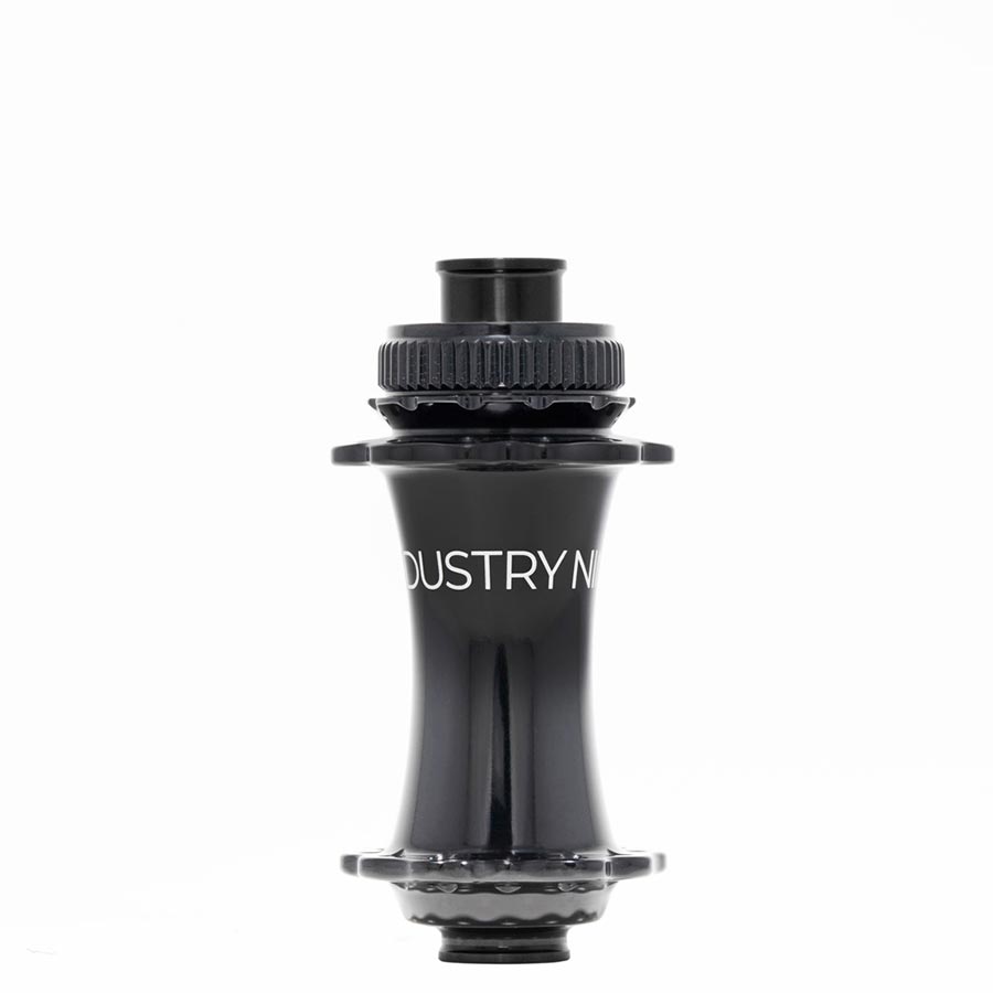 Industry Nine Solix M Classic front disc hub with 24h 15mm TA 110mm Boost black finish, showing detailed hub design and branding.