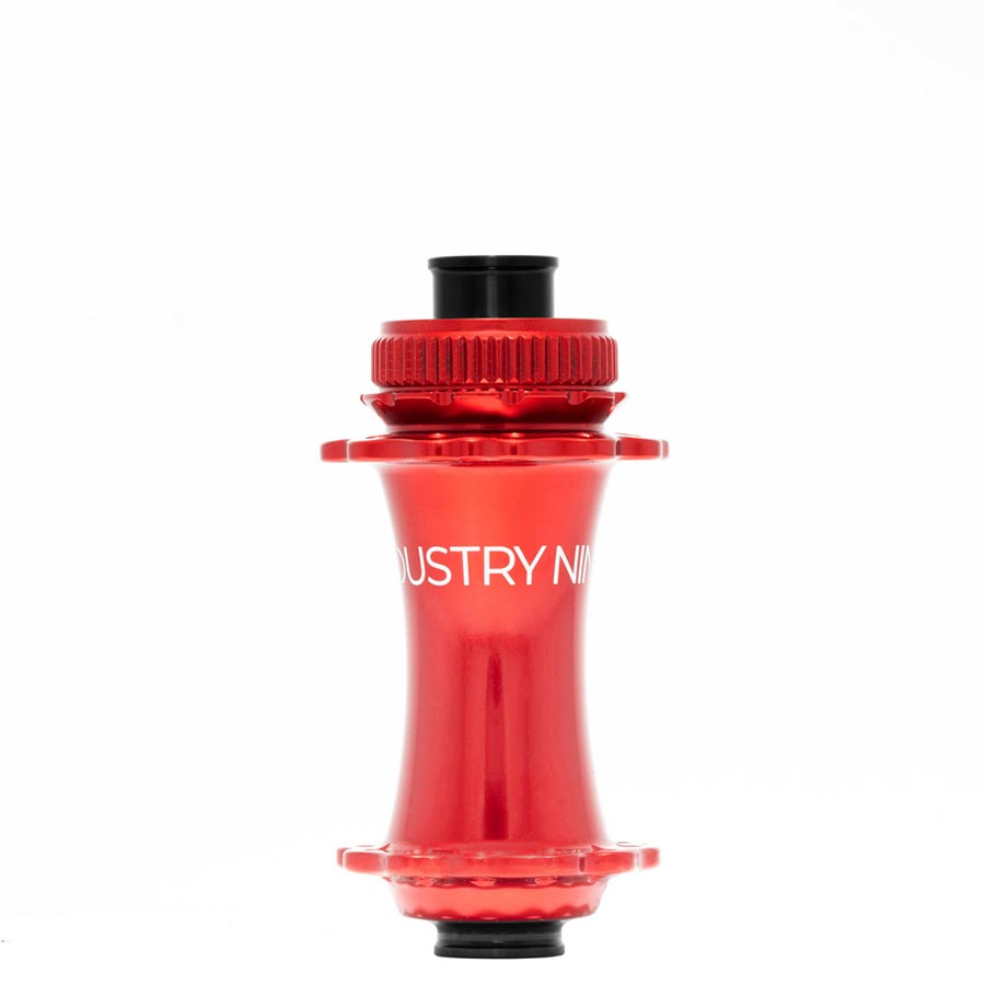 Industry Nine Solix M Classic front disc hub with 24h, 15mm thru-axle, 110mm boost spacing in black for mountain bikes.