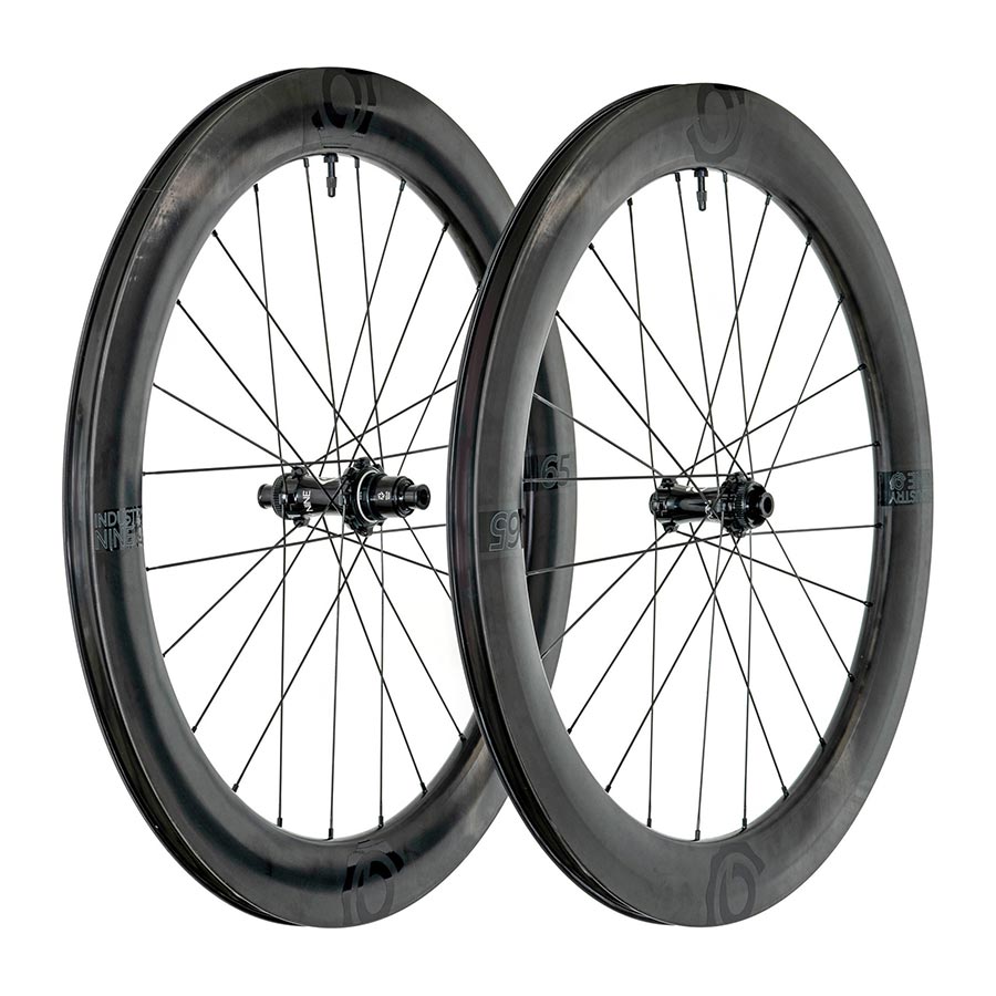 Industry Nine Solix SL i9 65 wheels with Shimano Road 11-speed hub, black carbon rim and spokes, ready for road cycling.