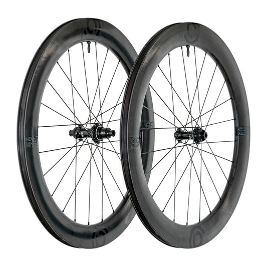 Industry Nine Solix SL i9 65 wheels with Shimano Road 11-speed hub, black carbon rim and spokes, ready for road cycling.