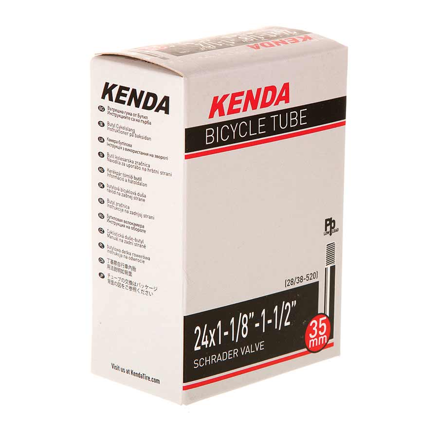 Kenda Schrader inner tube for bicycle tires, 35mm valve, compatible with 12-1/2 to 2-1/4 inch wheels, close-up view.