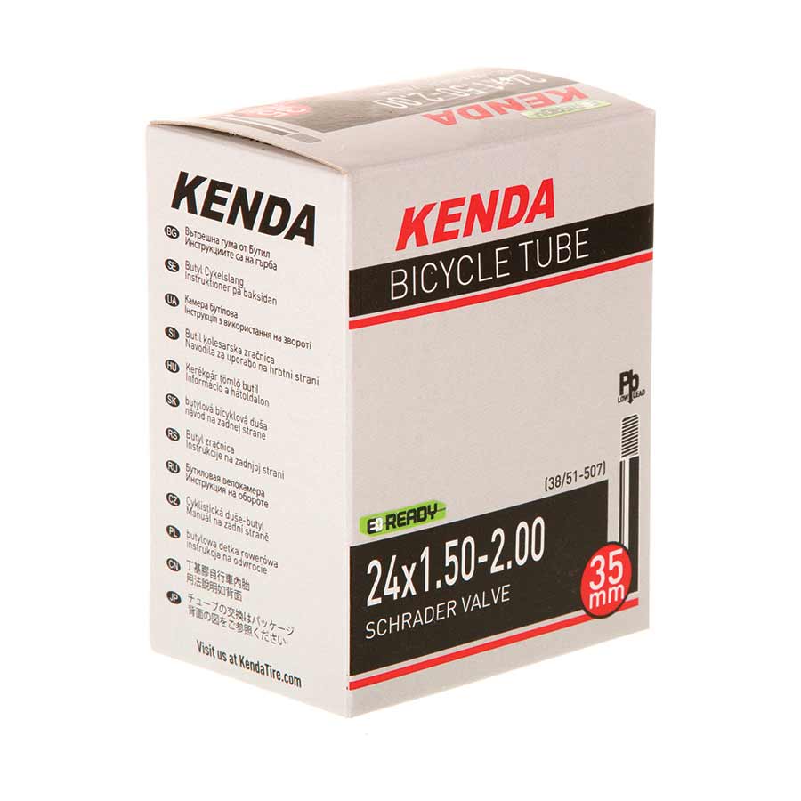 Kenda Schrader bicycle inner tube with 35mm valve for 12-1/2 to 1-1/4 inch tires, suitable for bike repairs and maintenance.