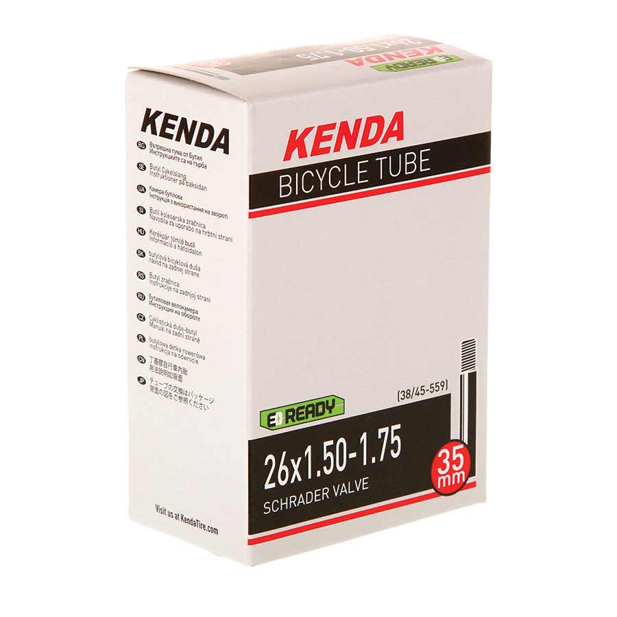 Kenda Schrader inner tube for bicycle tires, 35mm valve length, suitable for 12-1/2 x 2-1/4 inch tires, in black.