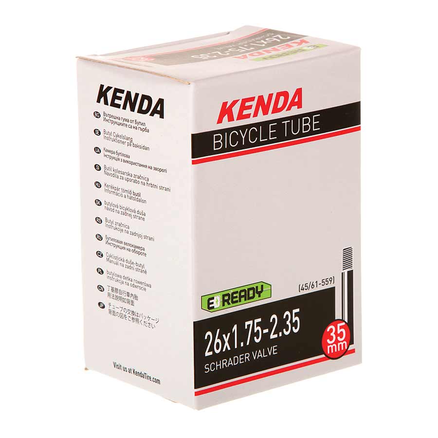 Kenda Schrader bicycle inner tube with 35mm valve stem, suitable for 12 1/2 x 2 1/4 inch tires, for bike repair and replacement.