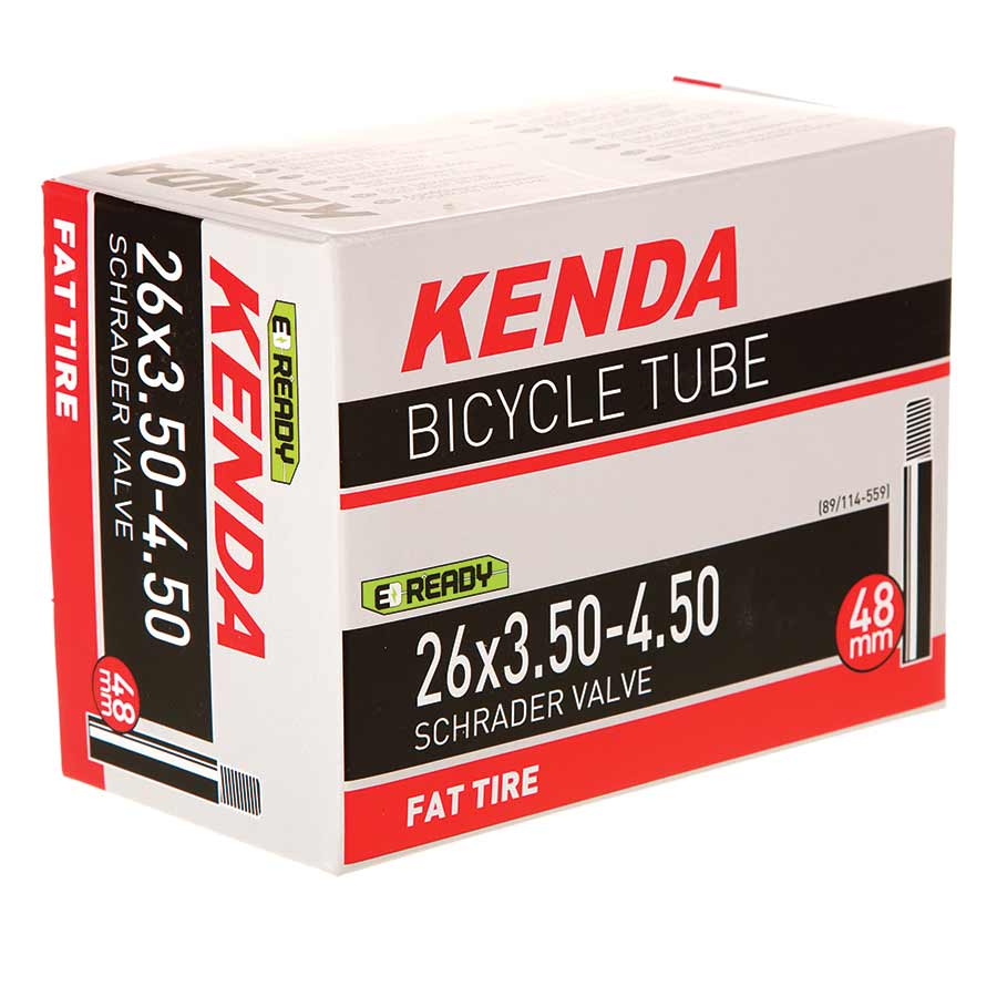 Kenda Schrader inner tube for bike tires, 35mm valve, suitable for 12-1/2 to 2-1/4 inch wheels, with visible valve and packaging.
