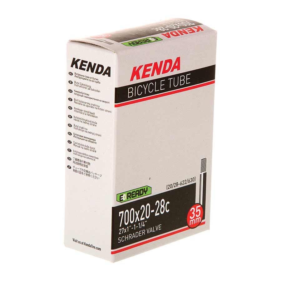 Kenda Schrader inner tube for bicycle tires, 35mm valve, suitable for 12-1/2 to 1-1/4 inch wheels, close-up view of valve and tube.