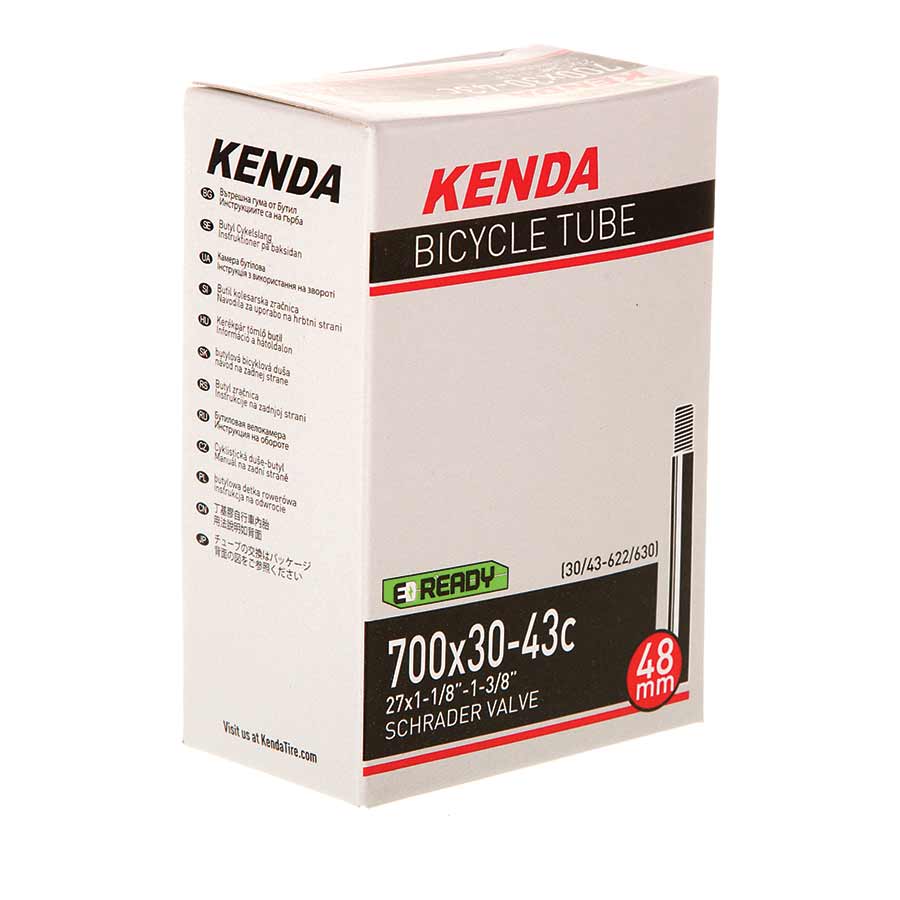 Kenda Schrader inner tube for bike tires, 35mm valve length, compatible with 12-1/2 and 2-1/4 inch wheels, in a sealed package.