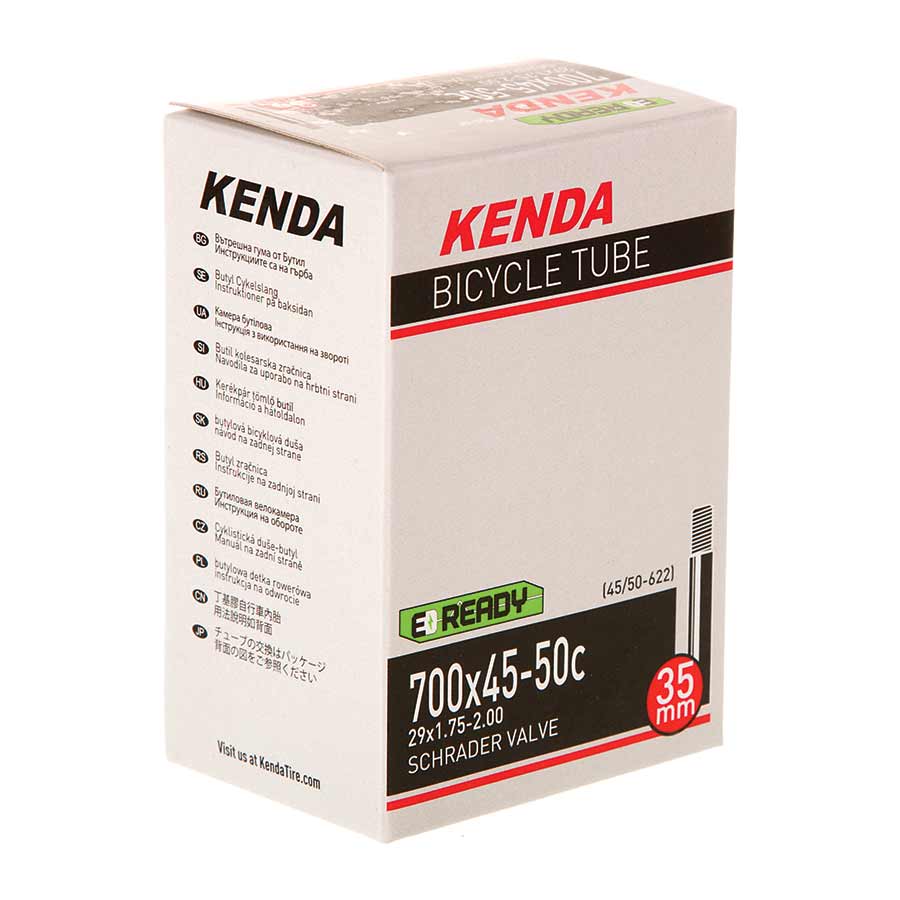 Kenda Schrader inner tube for bicycle tires, 35mm valve length, suitable for 12-1/2 to 2-1/4 inch wheels, in black.