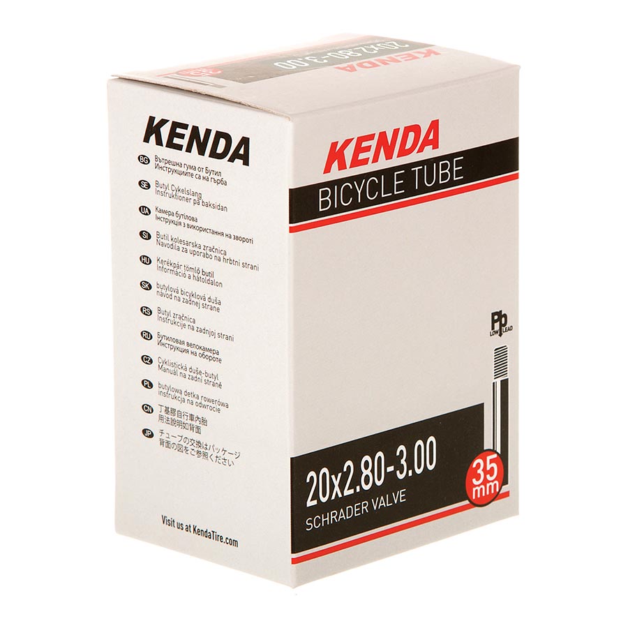 Kenda Schrader inner tube for bicycle tires, 35mm valve length, compatible with 12-1/2 x 2-1/4 inch tires, on a white background.