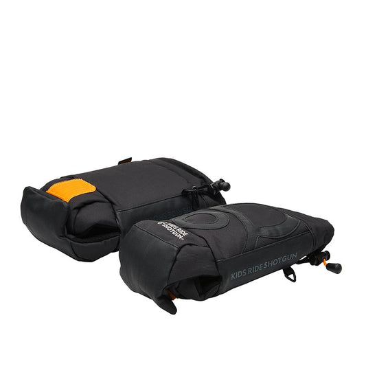 Pair of black Kids Ride Shotgun pogies for baby seat accessories, designed to keep hands warm during outdoor rides.