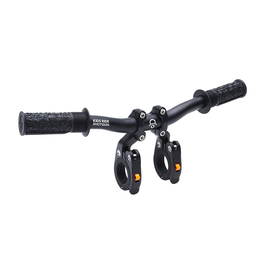 Kids Ride Shotgun Pro Seat Combo Box for baby seats, black MTB seat with handlebar attachment, designed for kids' bikes.