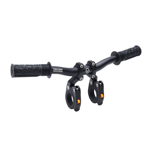 Kids Ride Shotgun Pro Seat Combo Box for baby seats, black MTB seat with handlebar attachment, designed for kids' bikes.